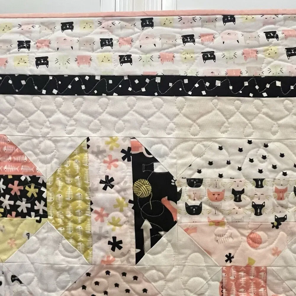 Handmade Cats and Camper Trailers Patchwork Quilt Blanket Pink